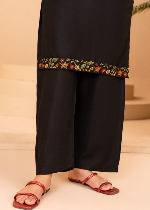 Black Linen Embroidered Suit For Women