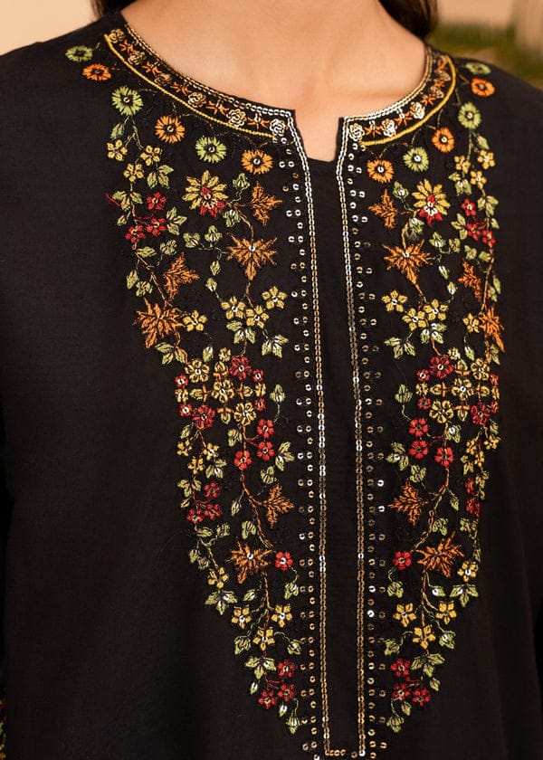 Black Linen Embroidered Suit For Women