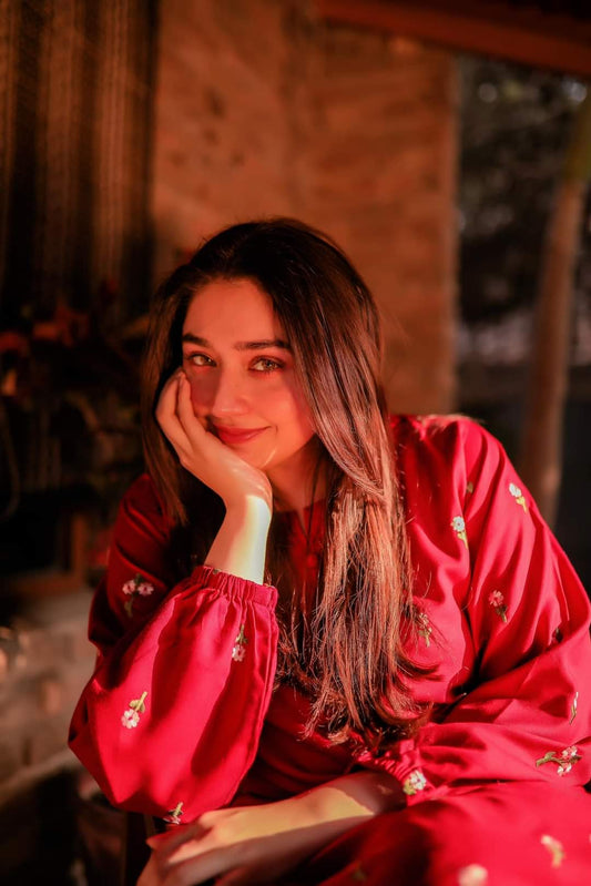 Red Linen Embroidered 2-Piece Suit for Women