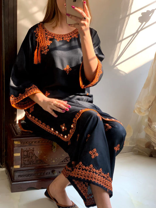 Black Linen Suit with Orange Embroidery | Traditional Folk Design