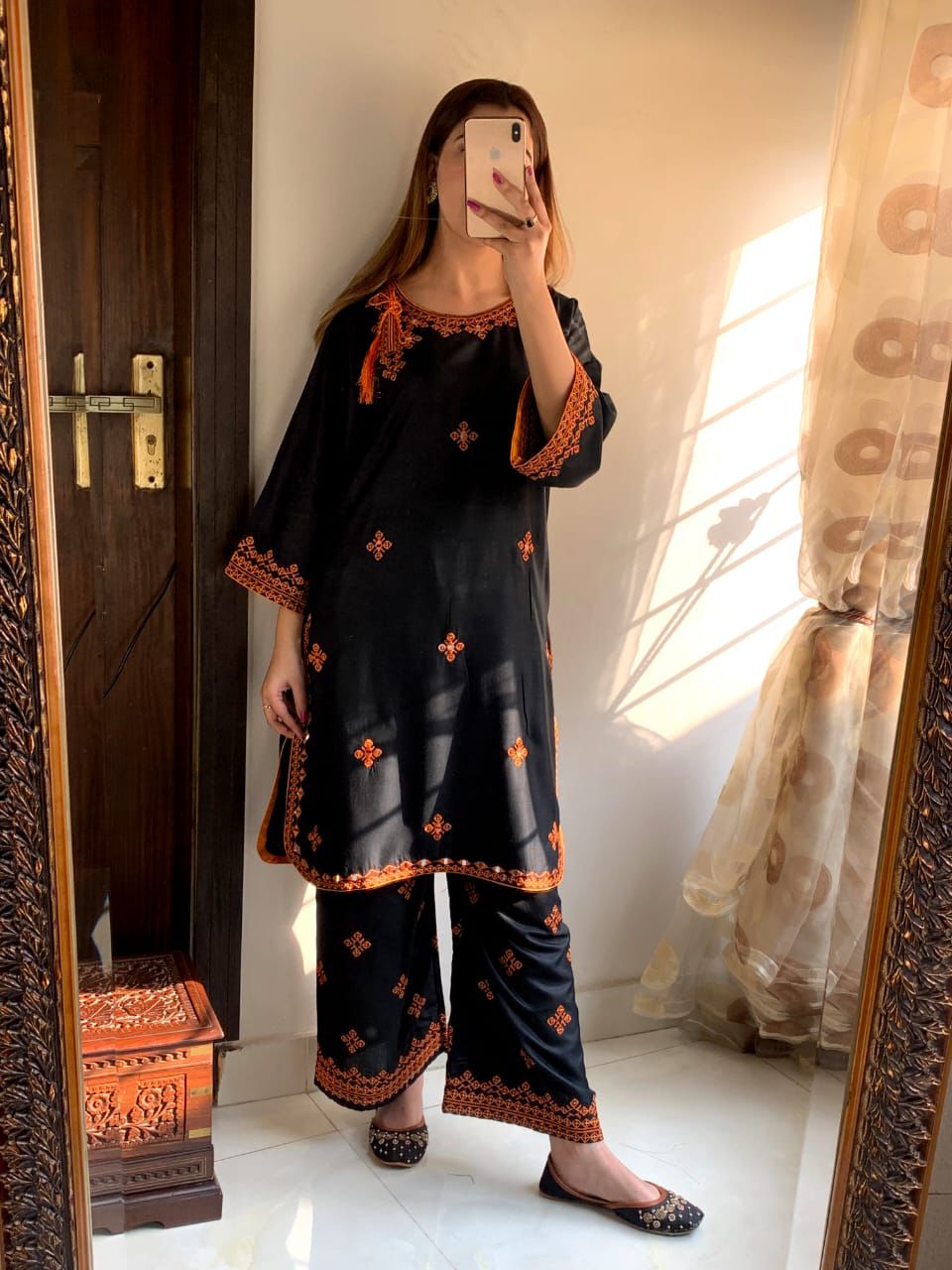 Black Linen Suit with Orange Embroidery | Traditional Folk Design