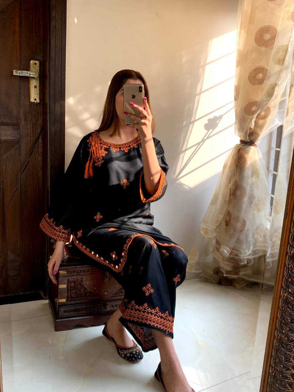 Black Linen Suit with Orange Embroidery | Traditional Folk Design