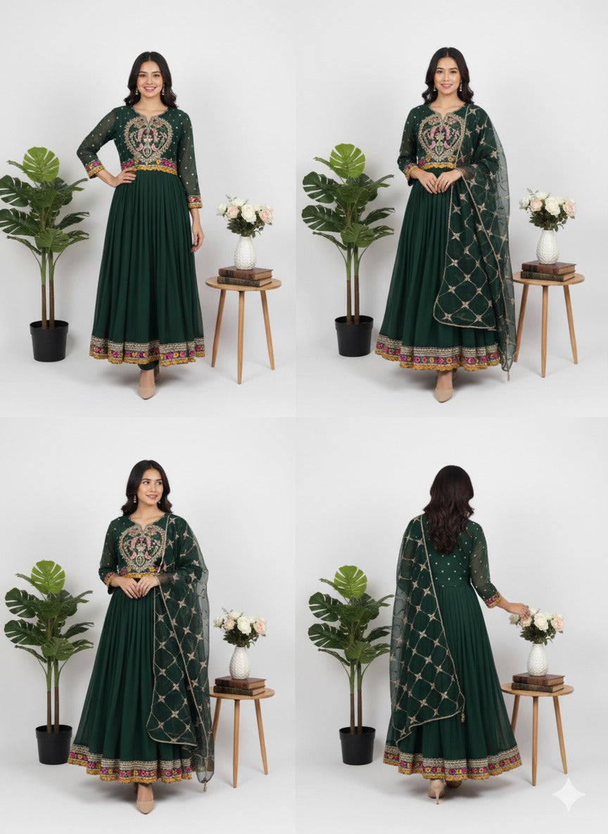 Forest Green Shafoon Maxi - Multi-Color Hand Embroidery 3PC