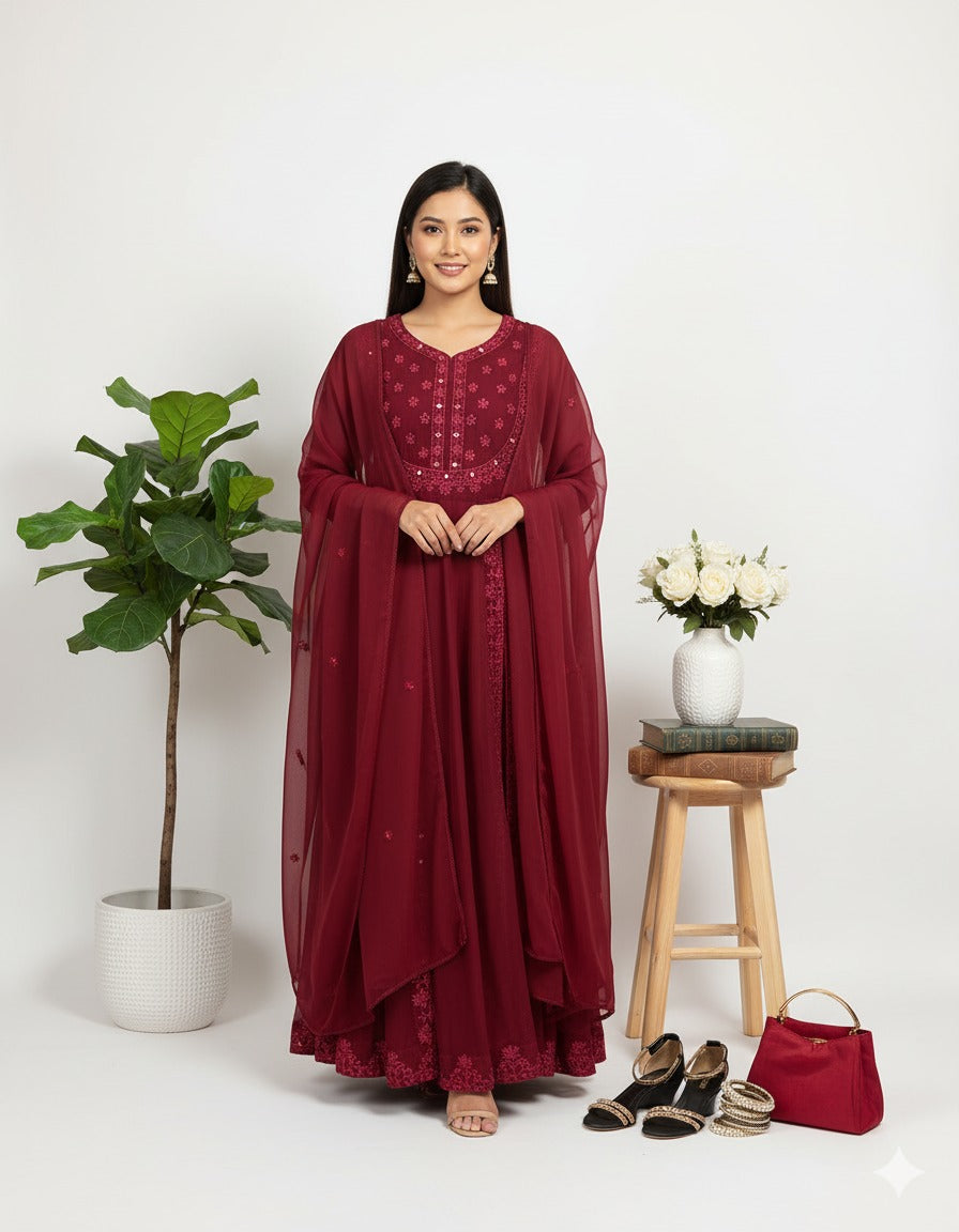 Maroon Chiffon Maxi - Hand-Embroidered 3PC Wedding Suit