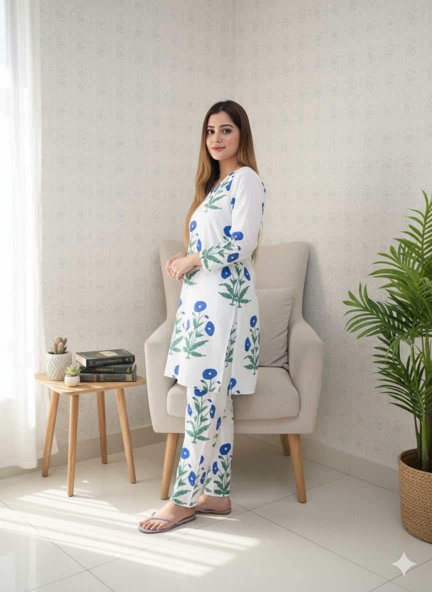 Fresh Blue & White Floral Print 2PC Suit | Casual Linen Tunic & Trousers