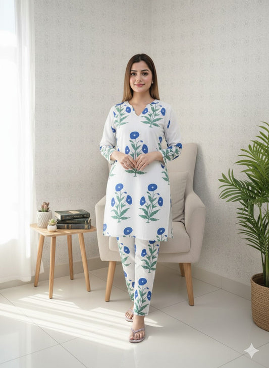 Fresh Blue & White Floral Print 2PC Suit | Casual Linen Tunic & Trousers