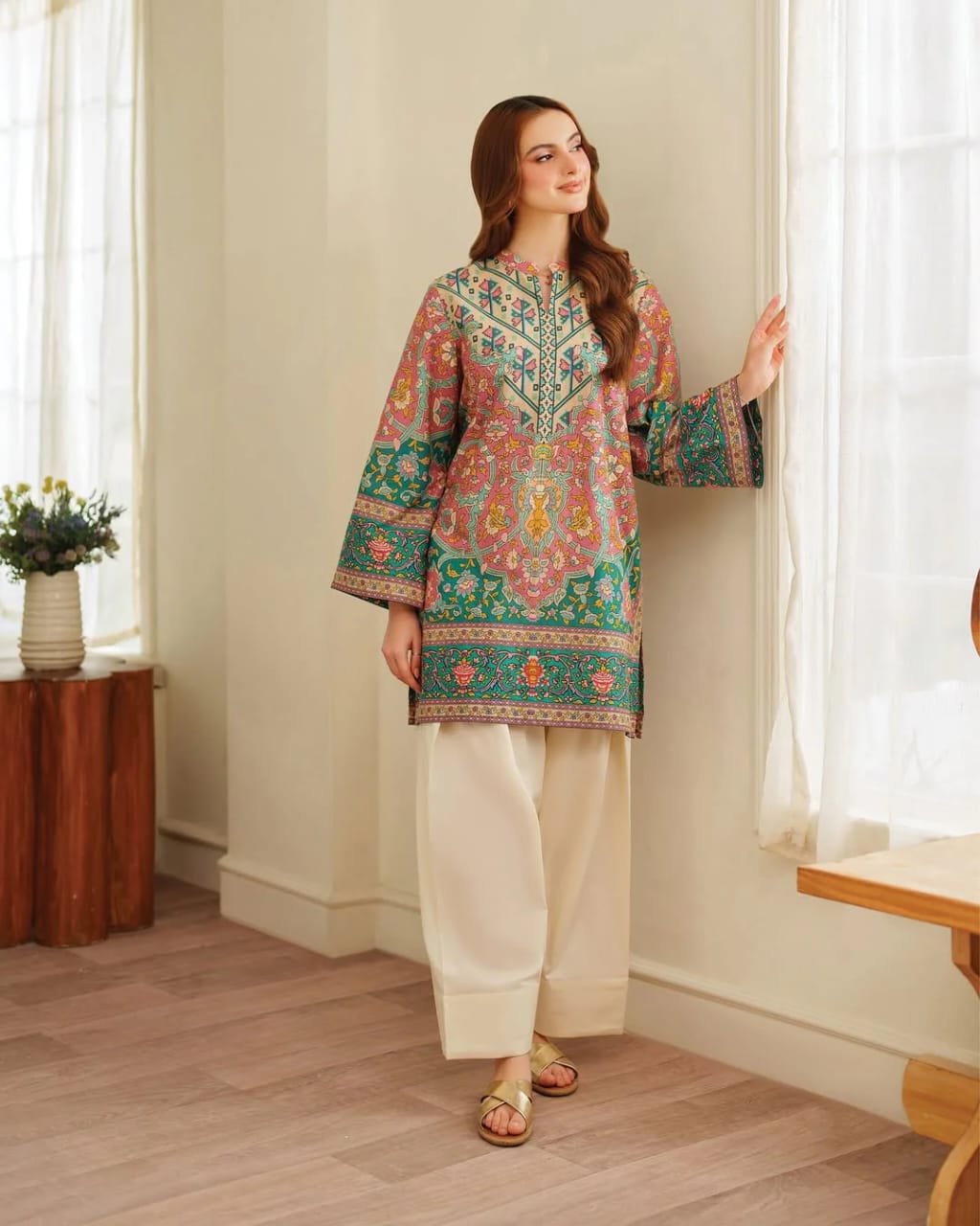 Hina Collection: Vibrant Printed Kurta & Ivory Trouser Set