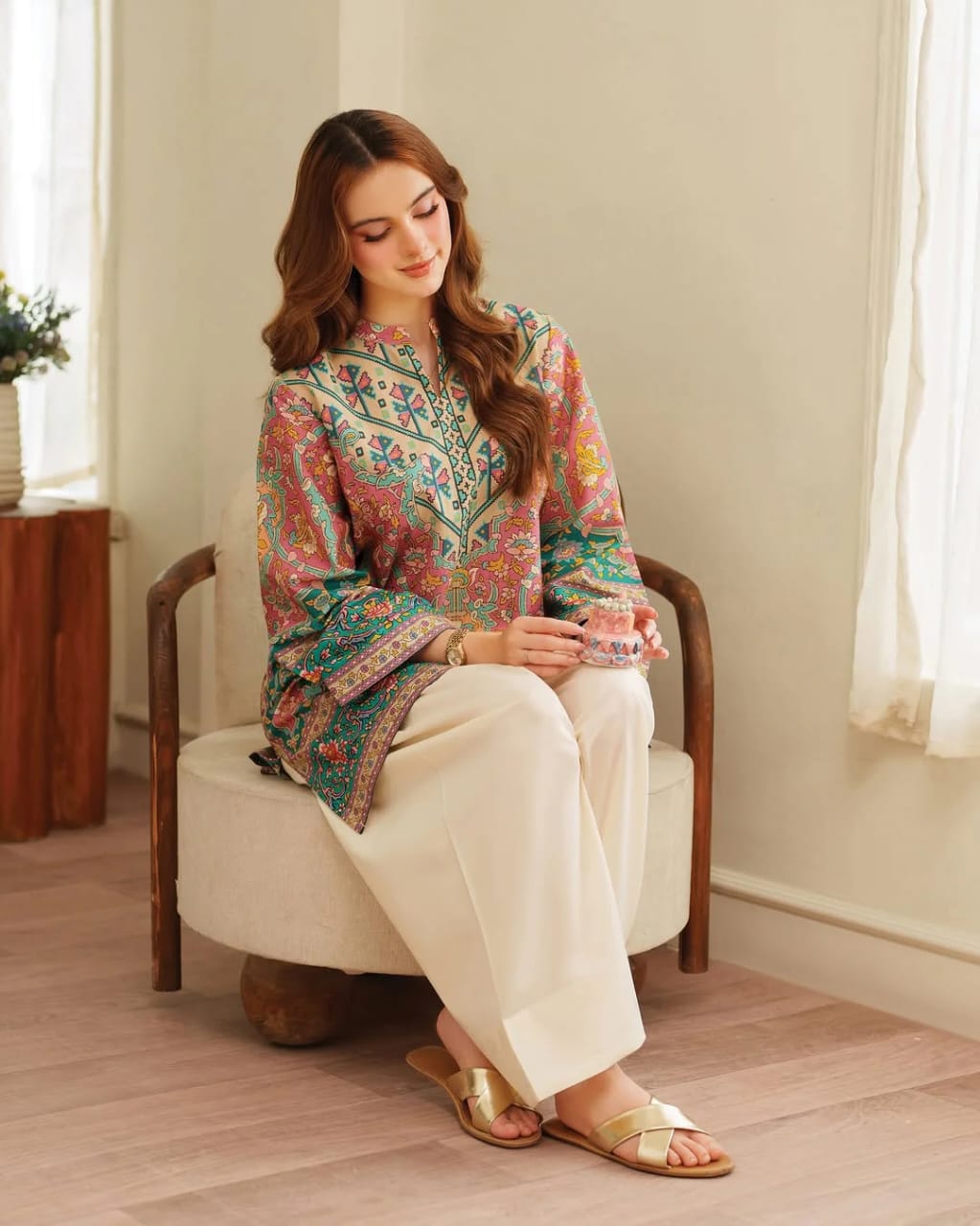 Hina Collection: Vibrant Printed Kurta & Ivory Trouser Set