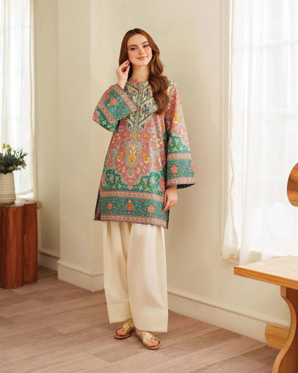 Hina Collection: Vibrant Printed Kurta & Ivory Trouser Set