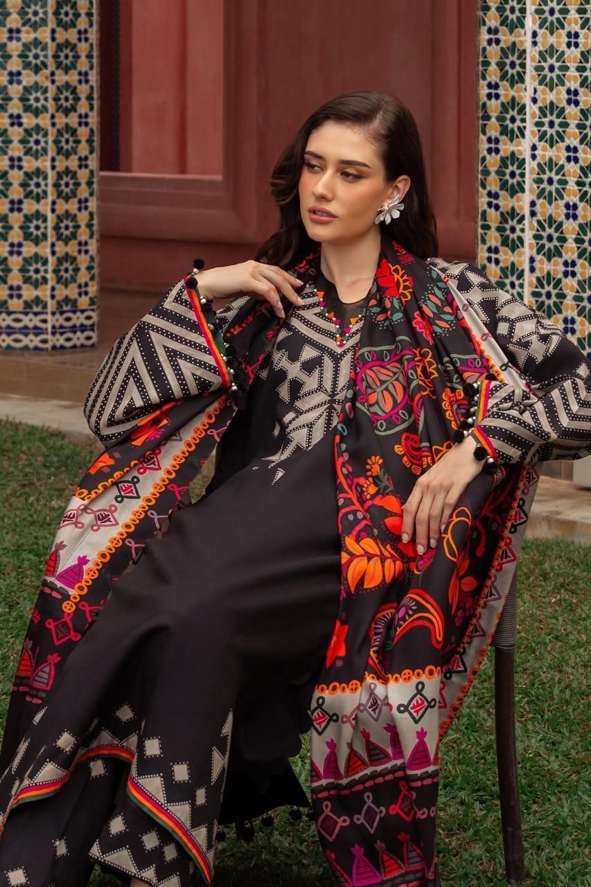 Hina Collection: Black Digital Print Suit with Vibrant Shawl