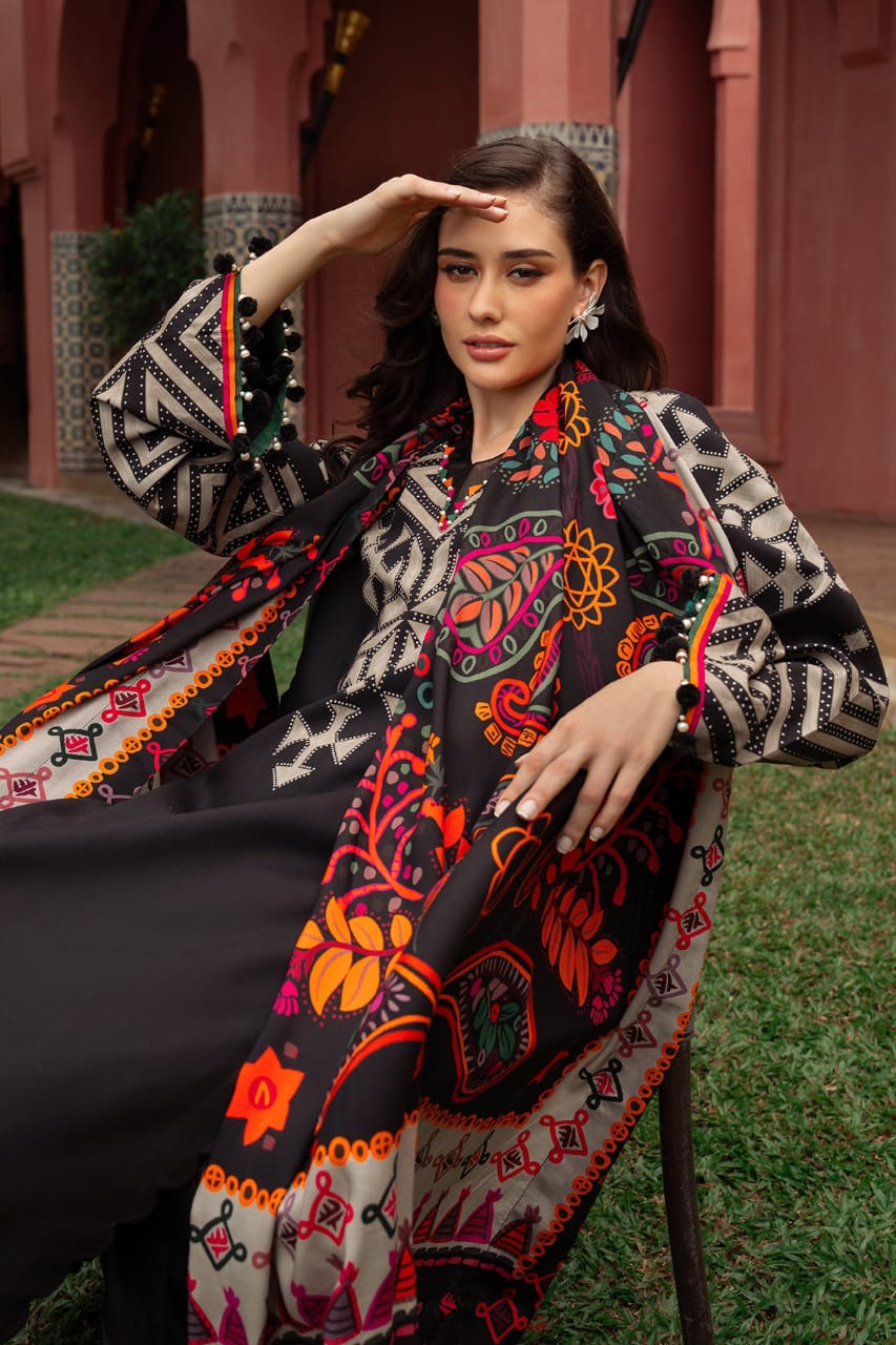 Hina Collection: Black Digital Print Suit with Vibrant Shawl
