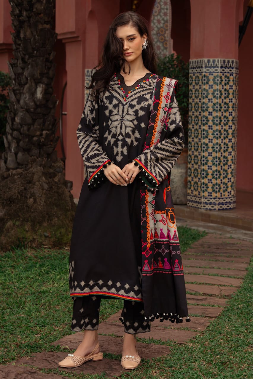 Hina Collection: Black Digital Print Suit with Vibrant Shawl