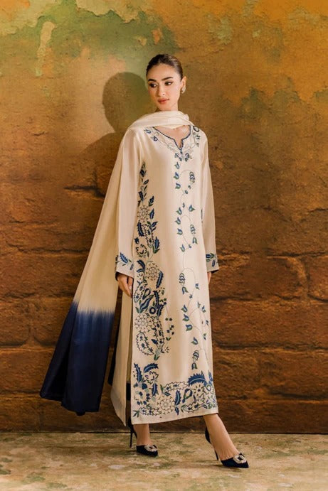 Hina Collection Cream & Blue Embroidered Suit with Ombre Dupatta