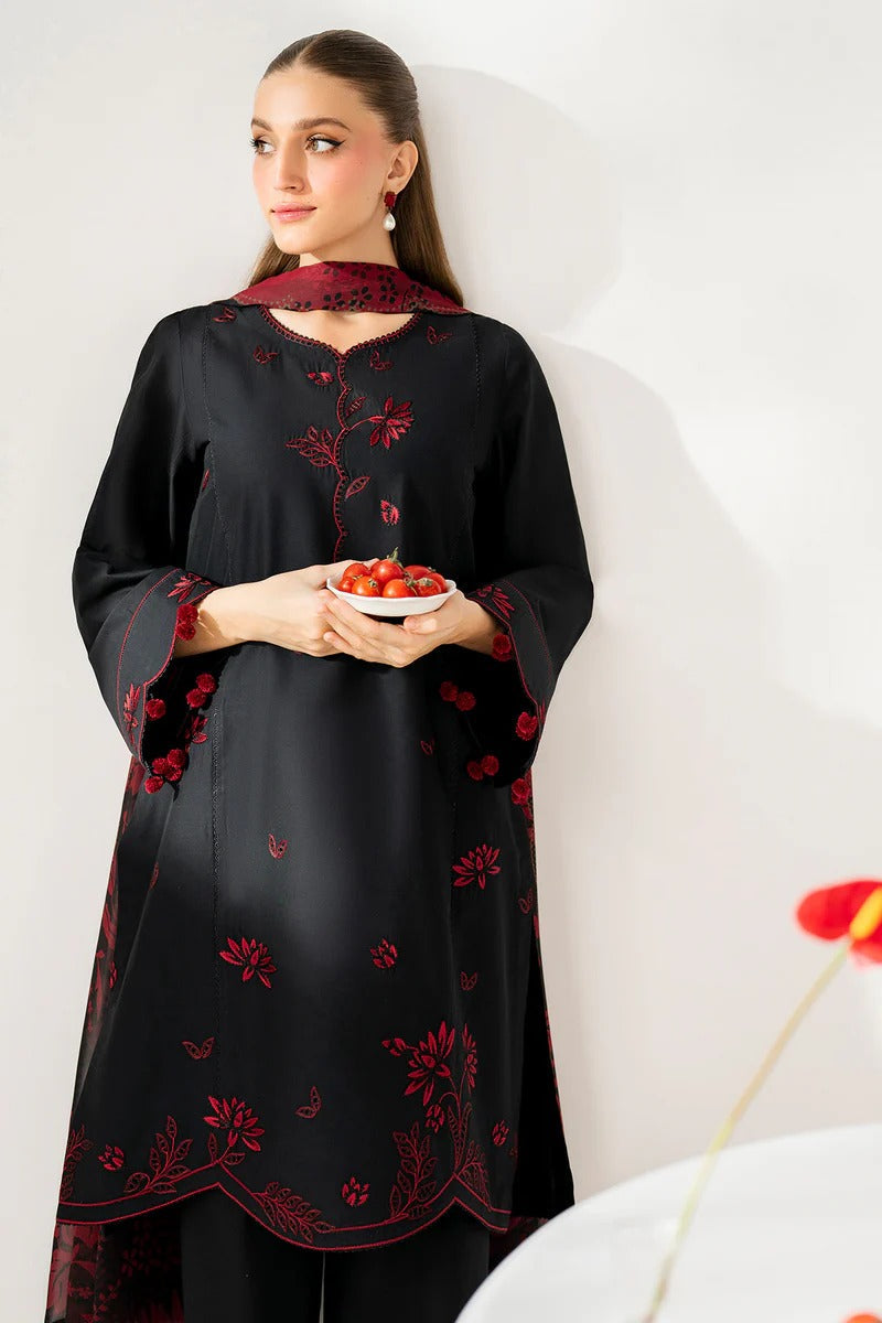 Black & Maroon Embroidered Stone Linen 3-Piece | Hina Collection
