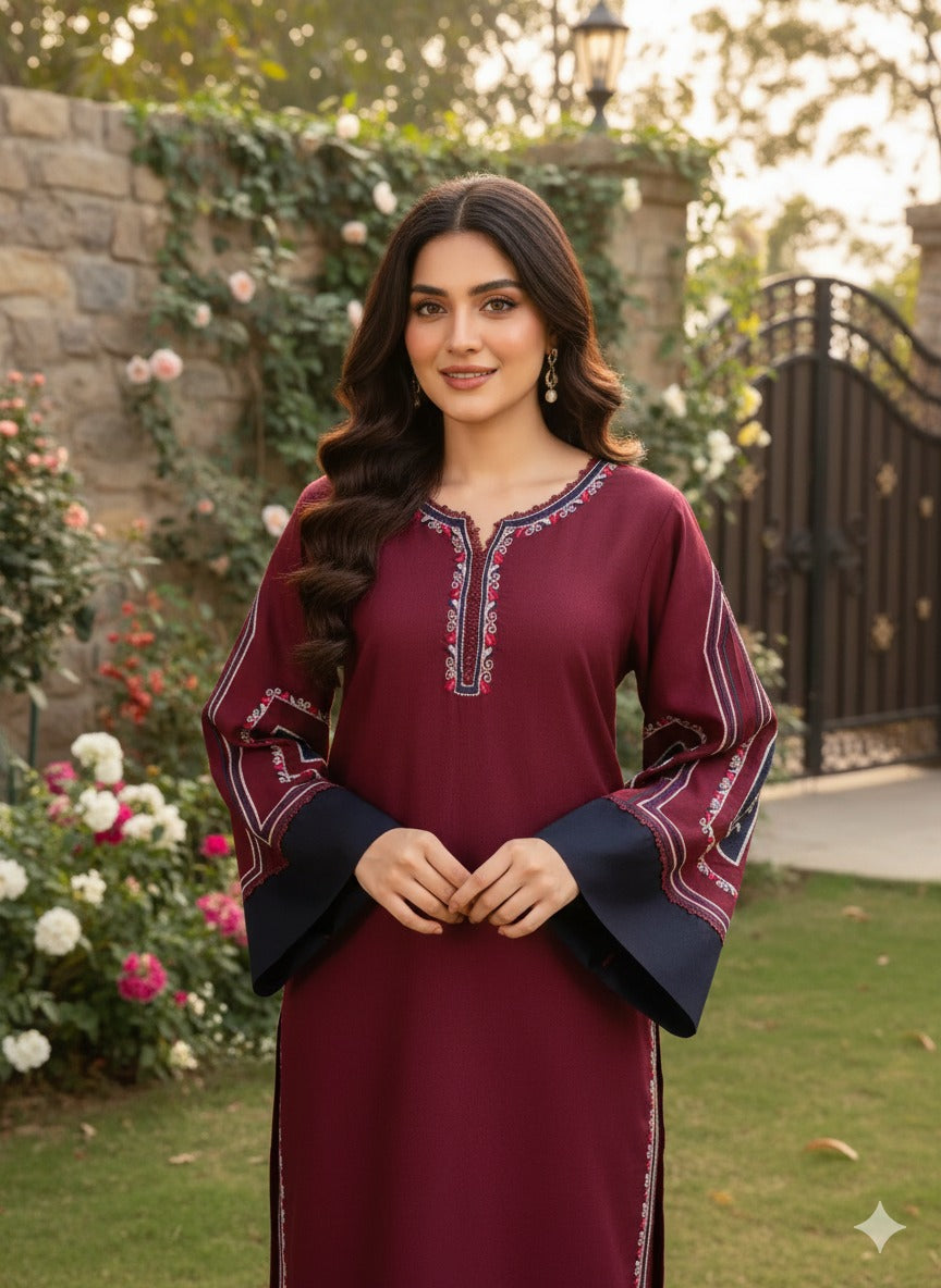 Hina Collection Mahroon Embroidered 3-Pc Linen Suit