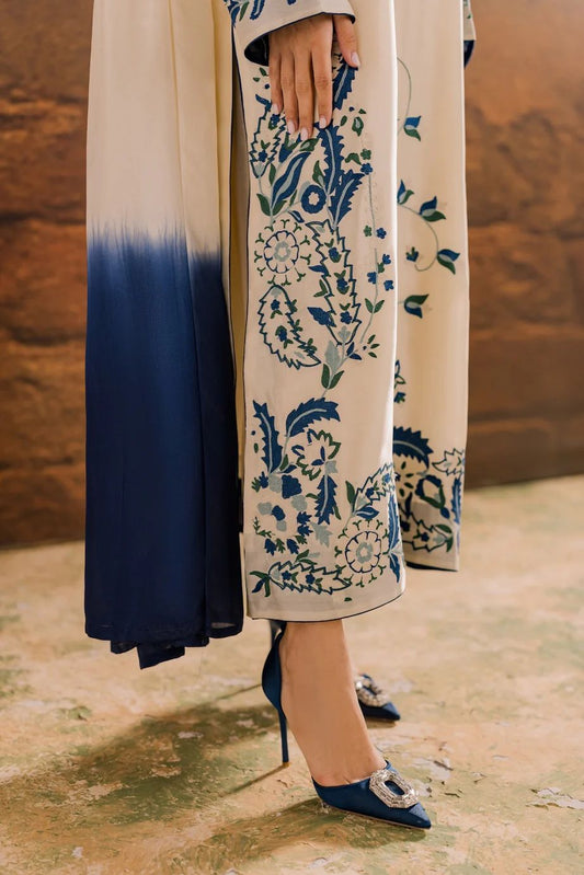 Hina Collection Cream & Blue Embroidered Suit with Ombre Dupatta