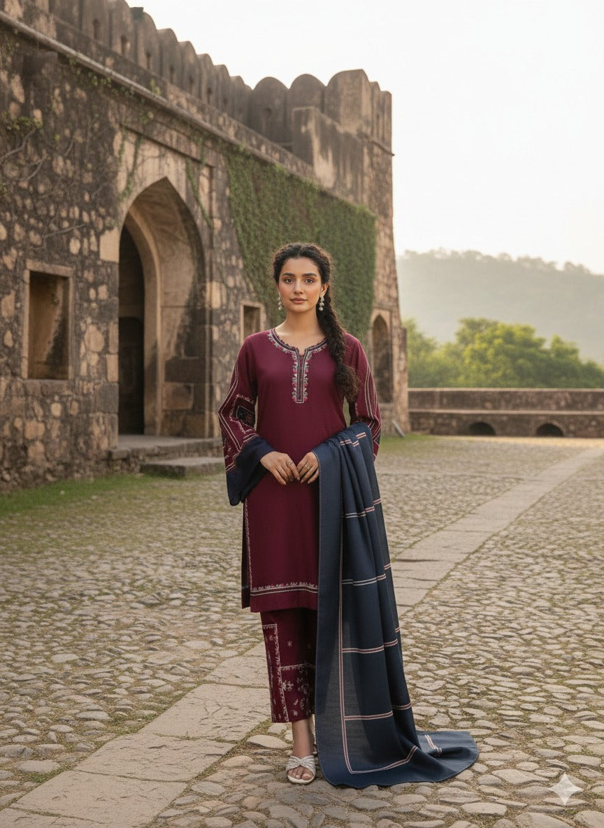 Hina Collection Mahroon Embroidered 3-Pc Linen Suit