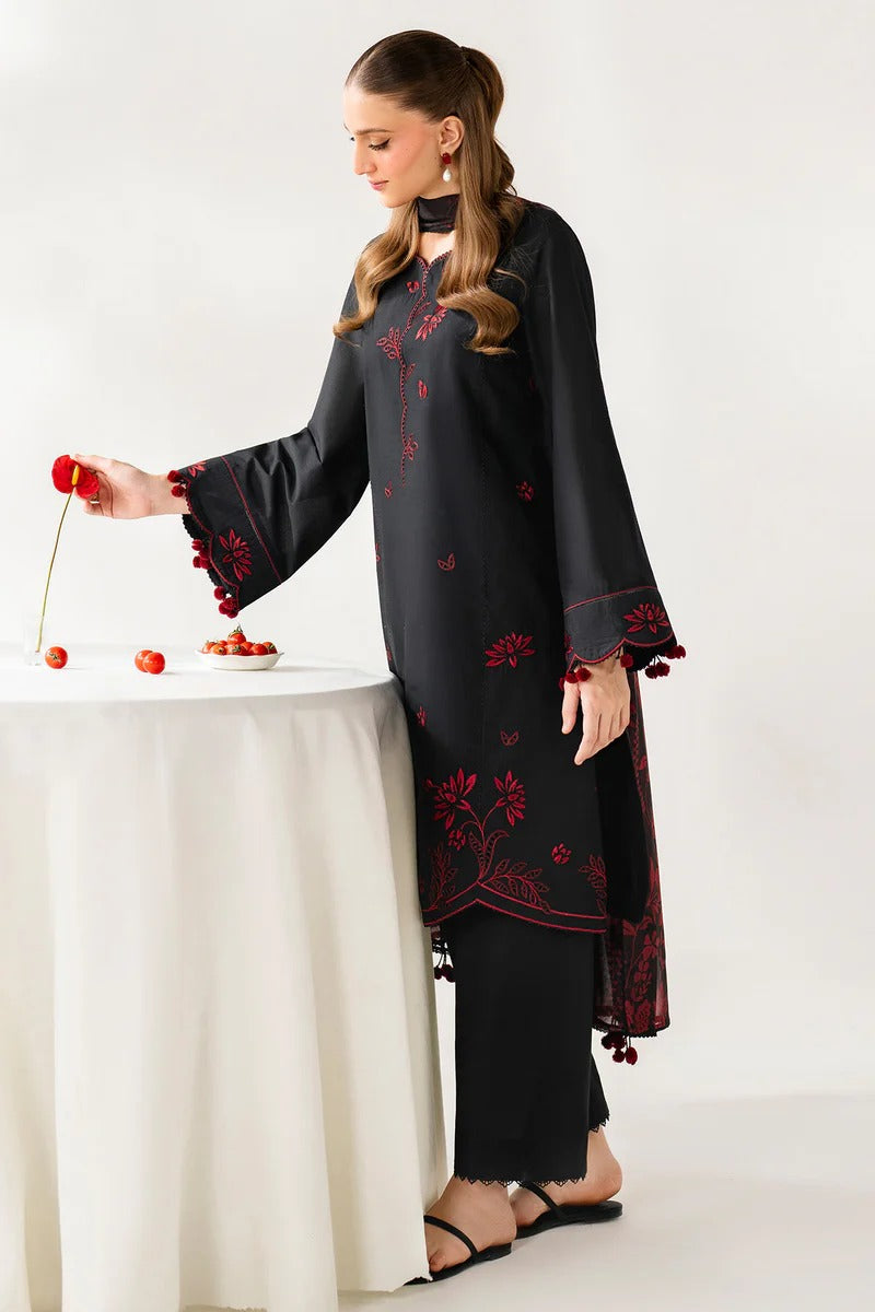 Black & Maroon Embroidered Stone Linen 3-Piece | Hina Collection
