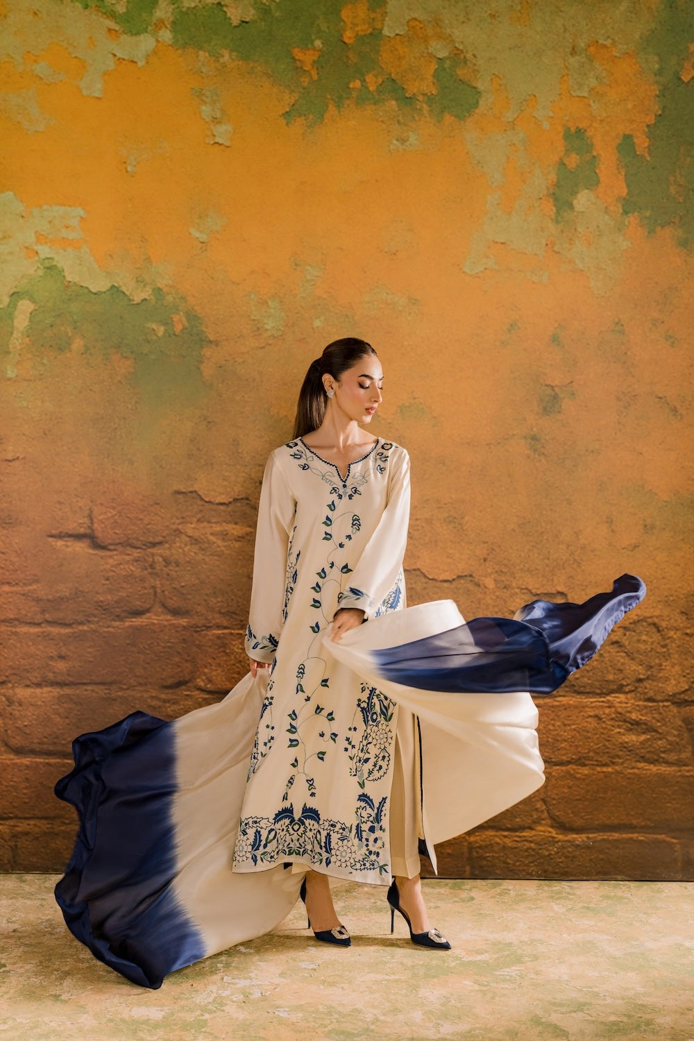 Hina Collection Cream & Blue Embroidered Suit with Ombre Dupatta