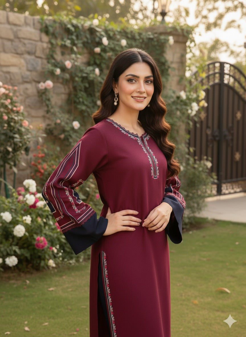 Hina Collection Mahroon Embroidered 3-Pc Linen Suit