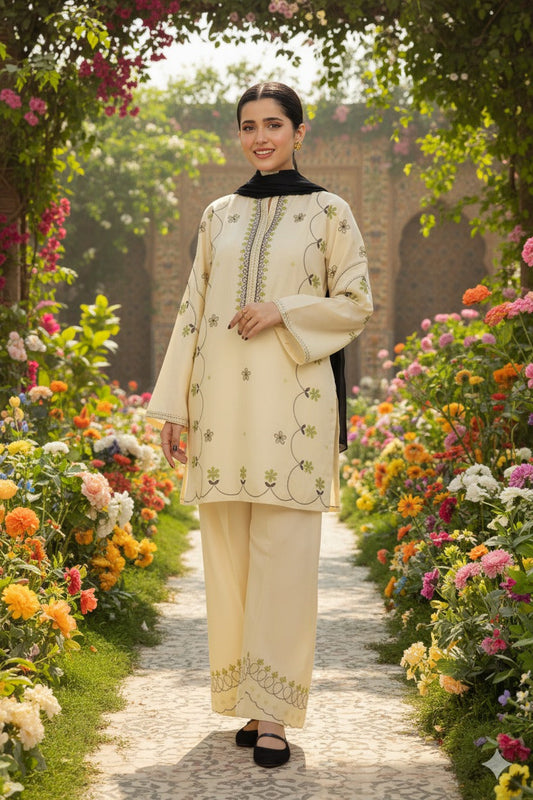 Hina Collection Cream & Blue Embroidered Suit with Ombre Dupatta