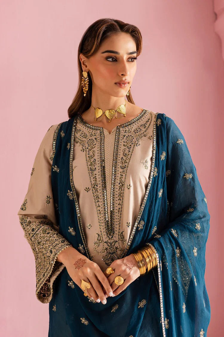 Dhanak 3-Piece Skin Color Embroidered Cotton Suit with Blue Chiffon Dupatta