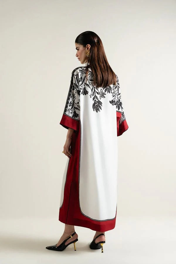 Digital Print 3PC Outfit | Flowing White Kurta & Scarlet Trousers
