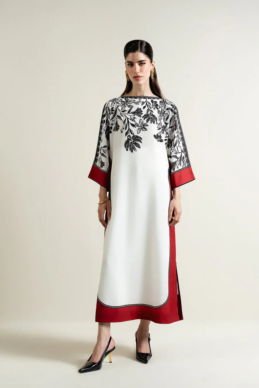 Digital Print 3PC Outfit | Flowing White Kurta & Scarlet Trousers