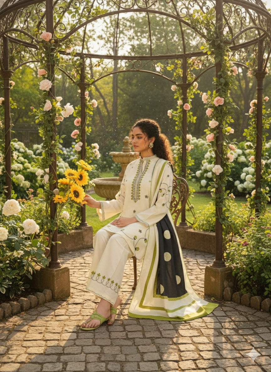 Hina Collection Cream & Blue Embroidered Suit with Ombre Dupatta
