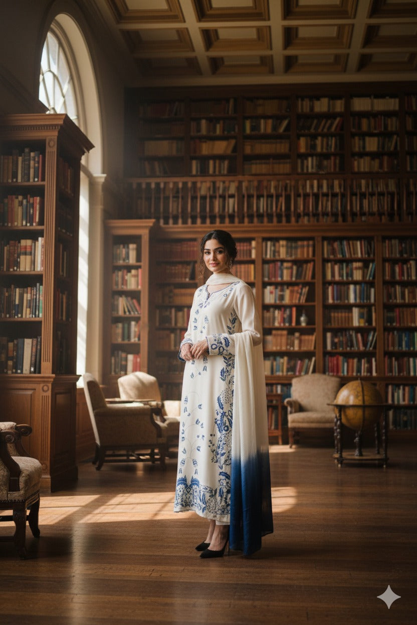 Hina Collection Cream & Blue Embroidered Suit with Ombre Dupatta