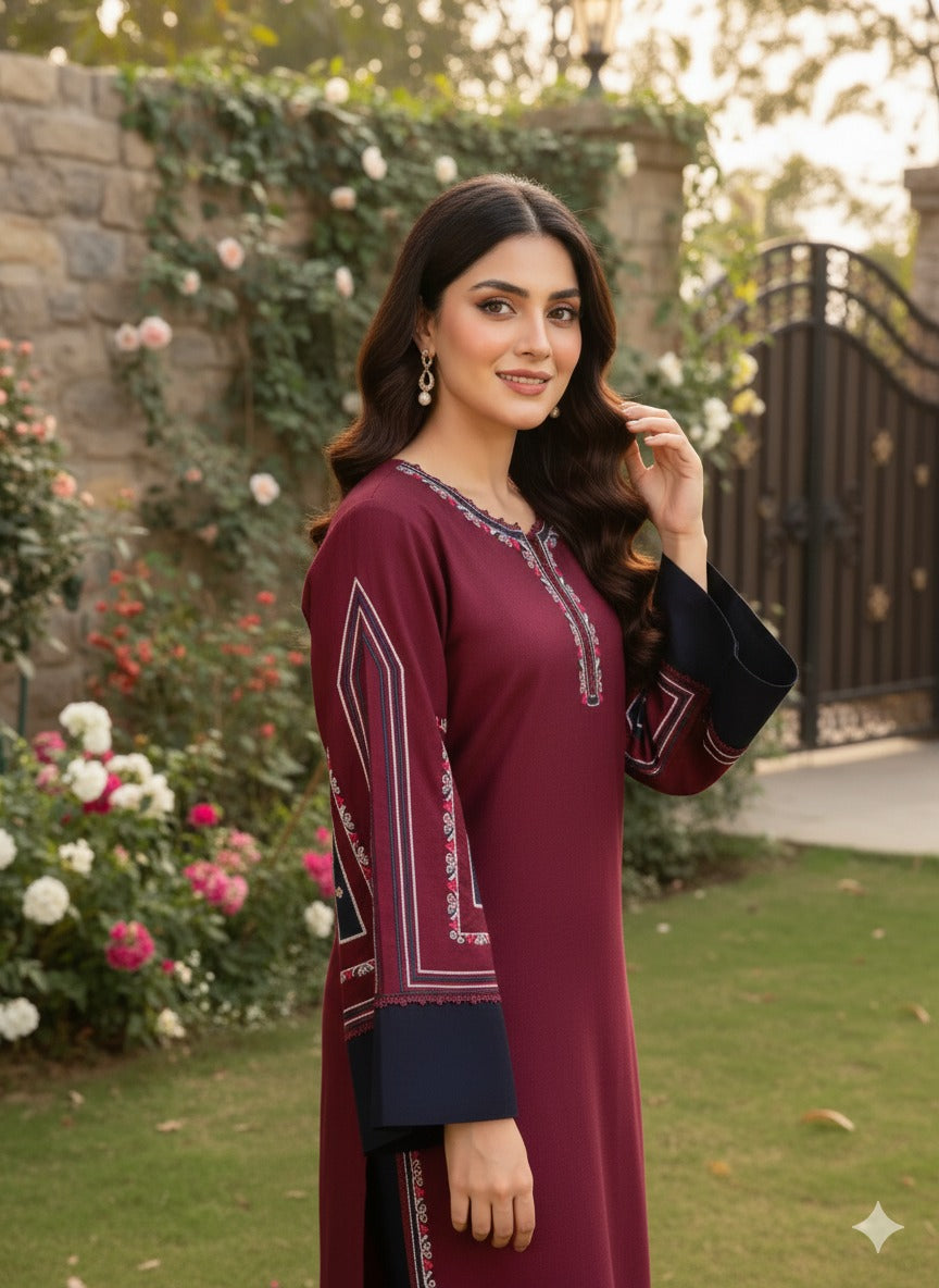 Hina Collection Mahroon Embroidered 3-Pc Linen Suit