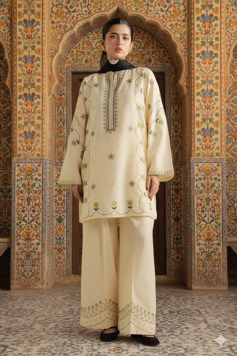 Hina Collection Cream & Blue Embroidered Suit with Ombre Dupatta