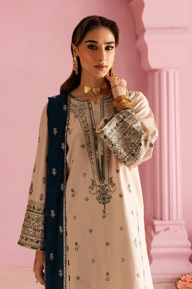 Dhanak 3-Piece Skin Color Embroidered Cotton Suit with Blue Chiffon Dupatta