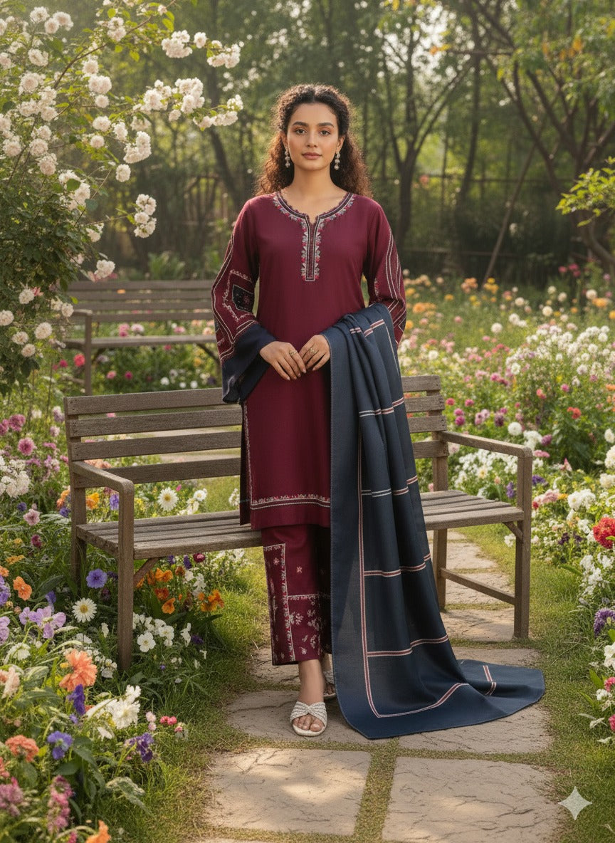 Hina Collection Mahroon Embroidered 3-Pc Linen Suit