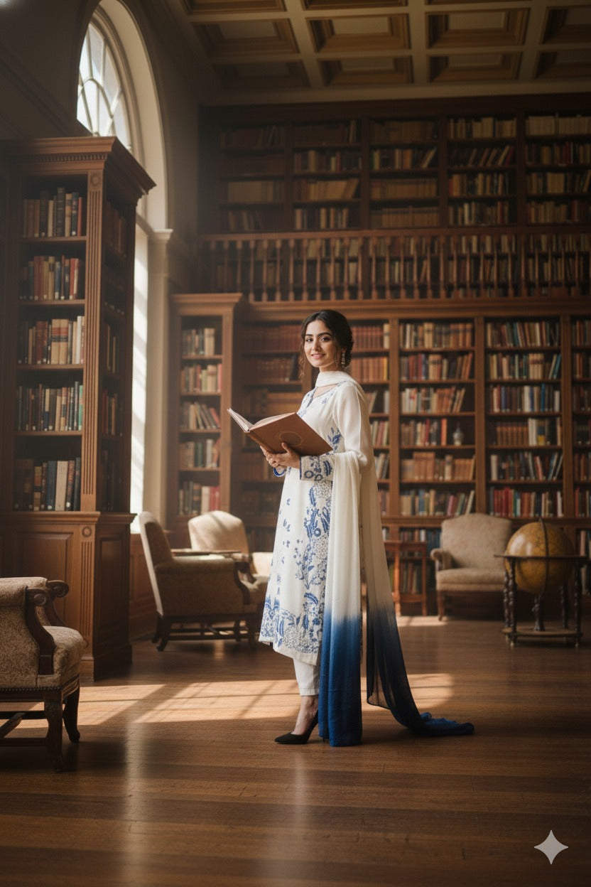 Hina Collection Cream & Blue Embroidered Suit with Ombre Dupatta