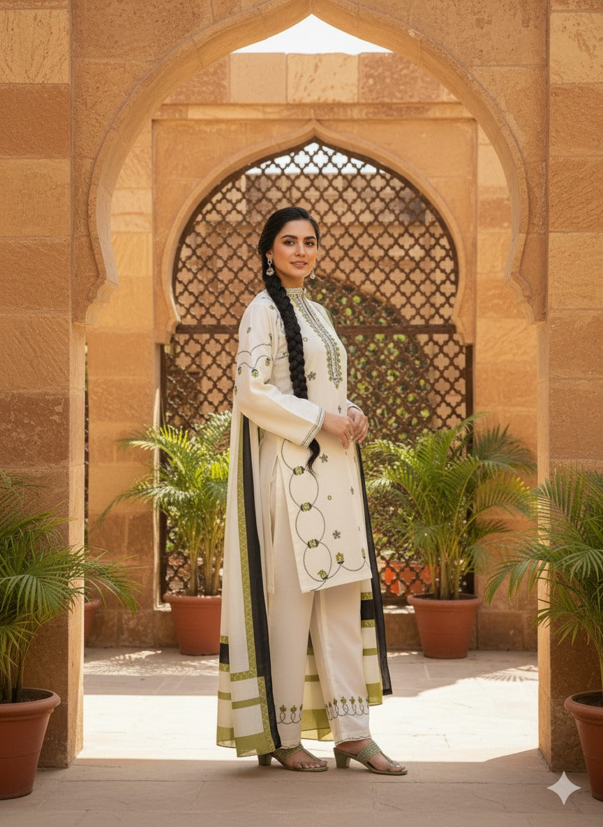 Hina Collection Cream & Blue Embroidered Suit with Ombre Dupatta