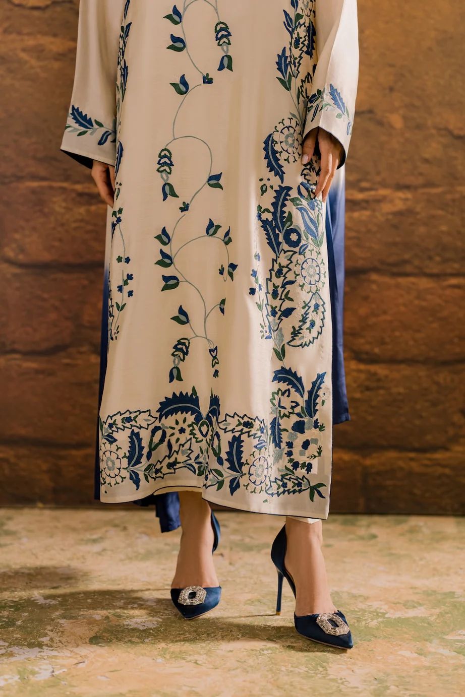 Hina Collection Cream & Blue Embroidered Suit with Ombre Dupatta