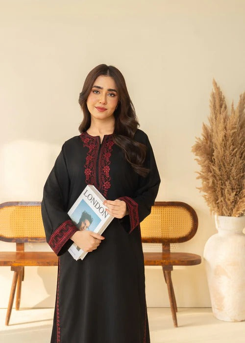 Stone Linen Embroidered Dress – Elegant Winter Wear | Hina Collection