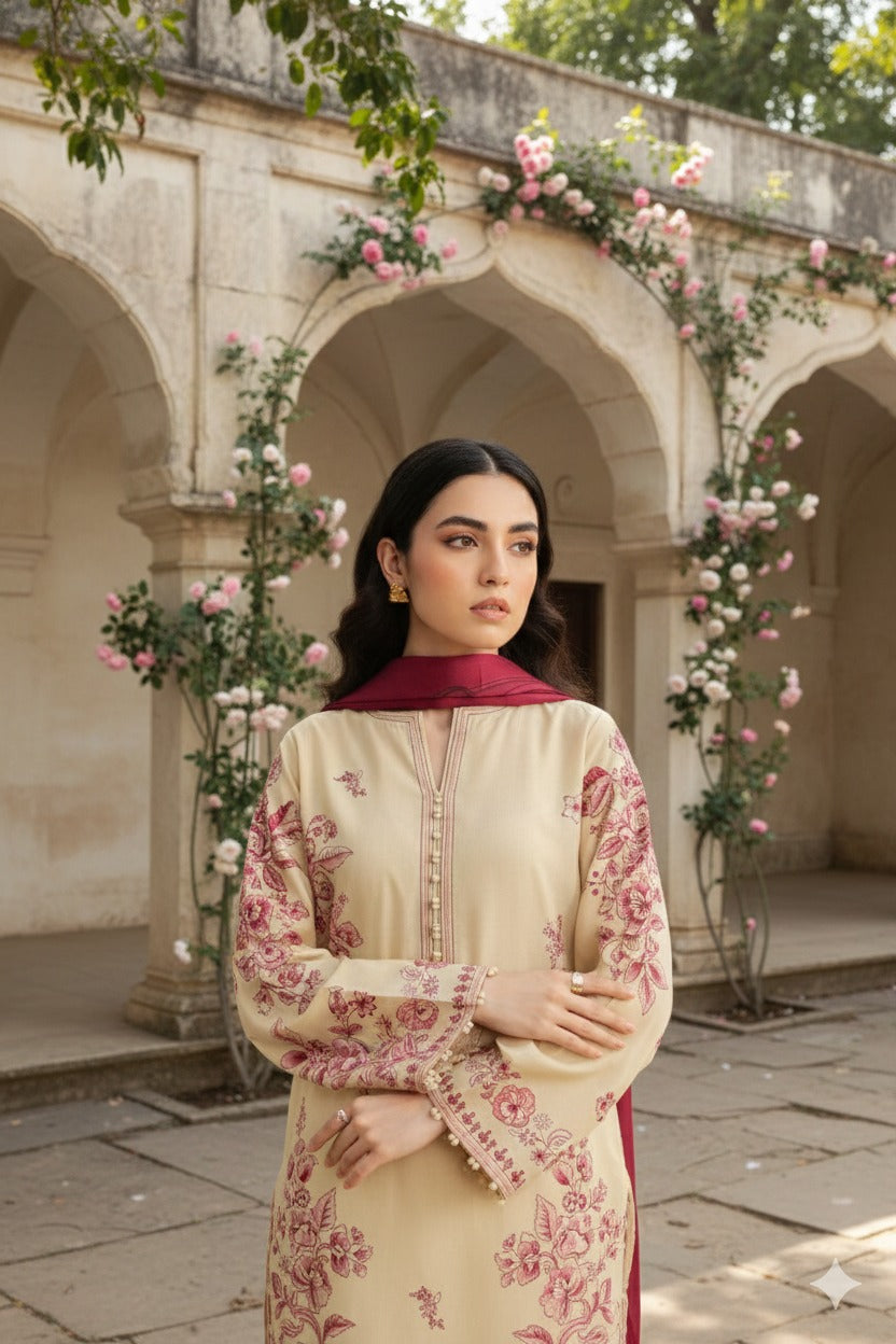 Hina Collection Stone Linen Embroidered 3-Pc Suit