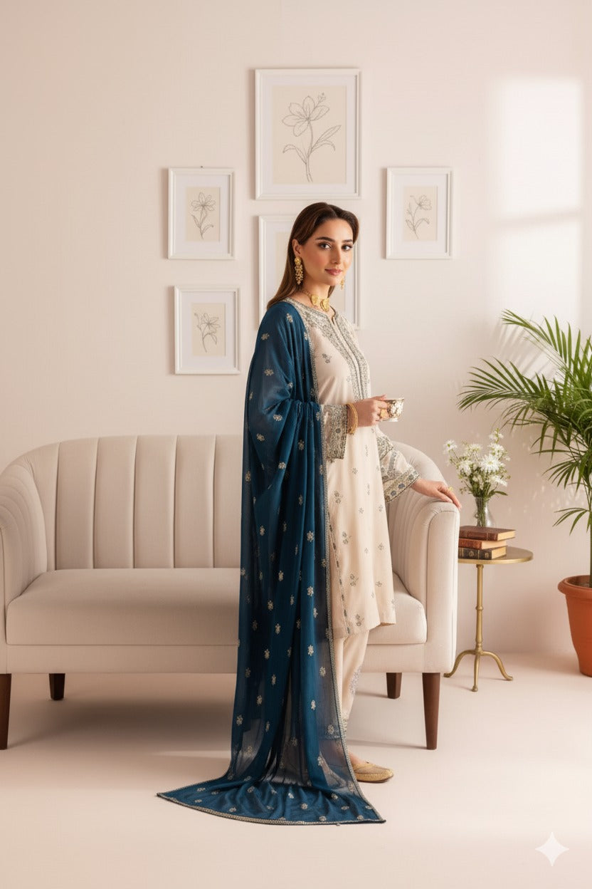 Dhanak 3-Piece Skin Color Embroidered Cotton Suit with Blue Chiffon Dupatta