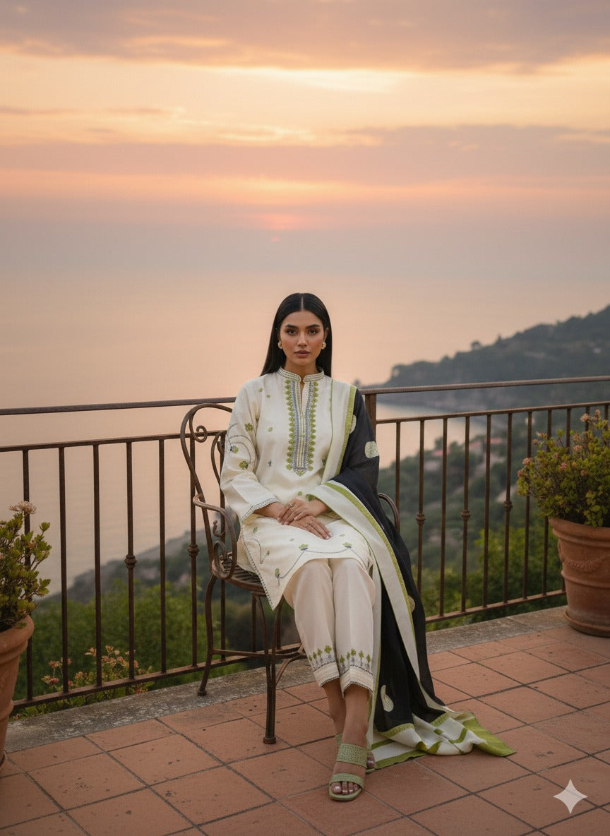 Hina Collection Cream & Blue Embroidered Suit with Ombre Dupatta