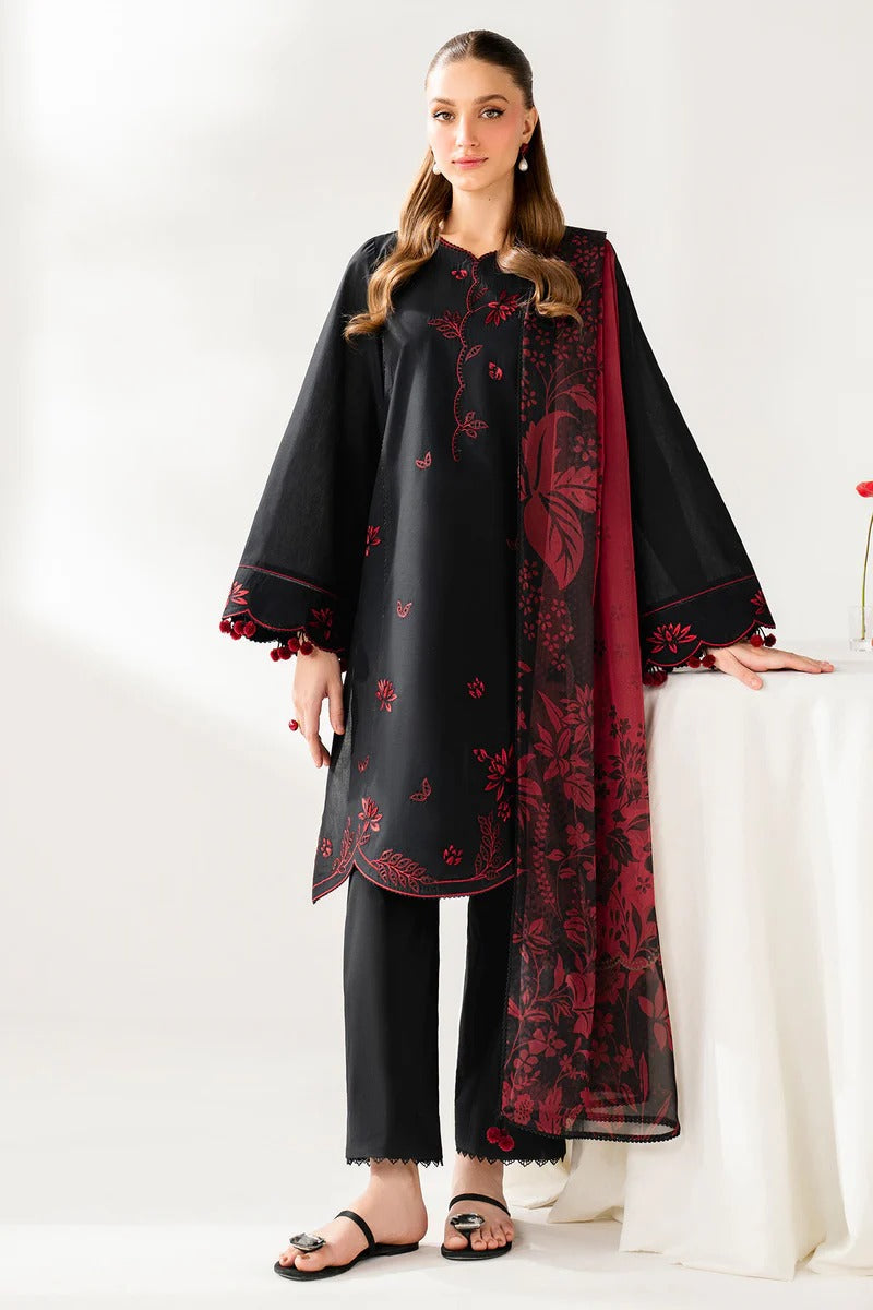Black & Maroon Embroidered Stone Linen 3-Piece | Hina Collection