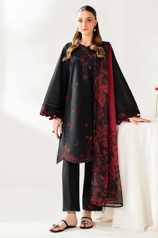 Black & Maroon Embroidered Stone Linen 3-Piece | Hina Collection