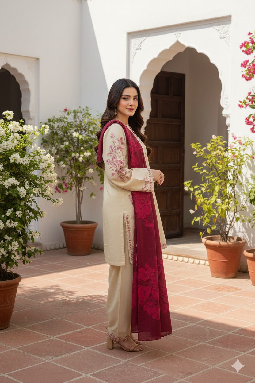 Hina Collection Stone Linen Embroidered 3-Pc Suit