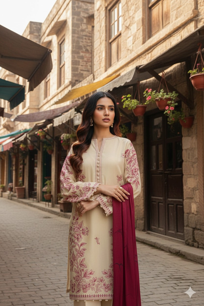 Hina Collection Stone Linen Embroidered 3-Pc Suit