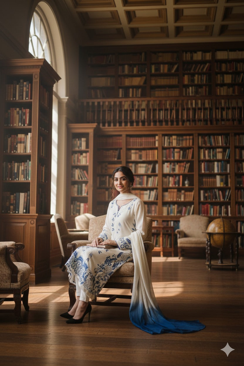 Hina Collection Cream & Blue Embroidered Suit with Ombre Dupatta